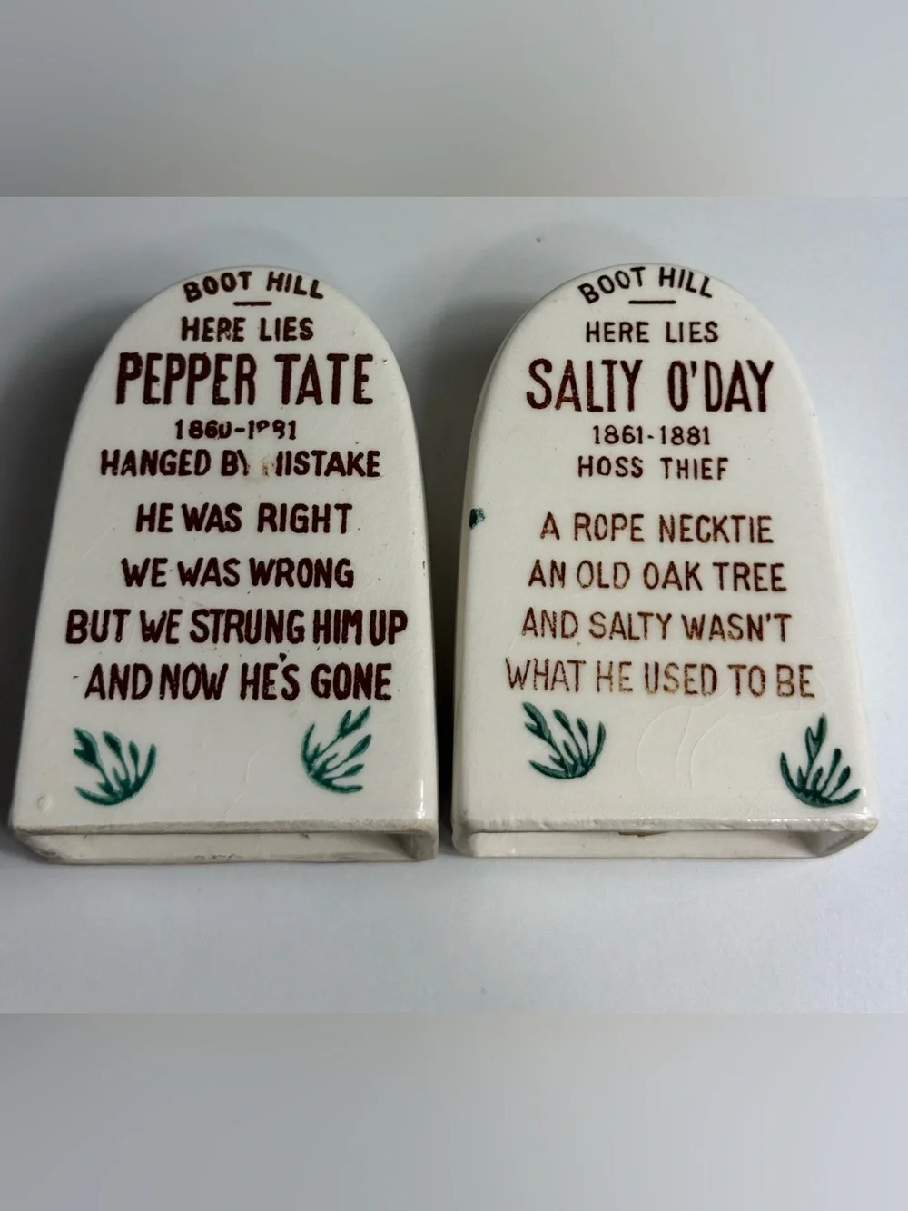 Vintage Tombstone Salt and Pepper Shakers - White, Brown with Green Accents